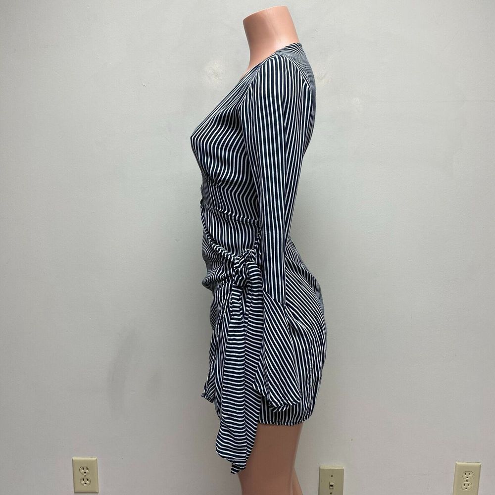 Faithfull Womens Navy Blue White Stripe Long Sleeve Tie High V-Neck Wrap Dress 2 - Picture 3 of 8